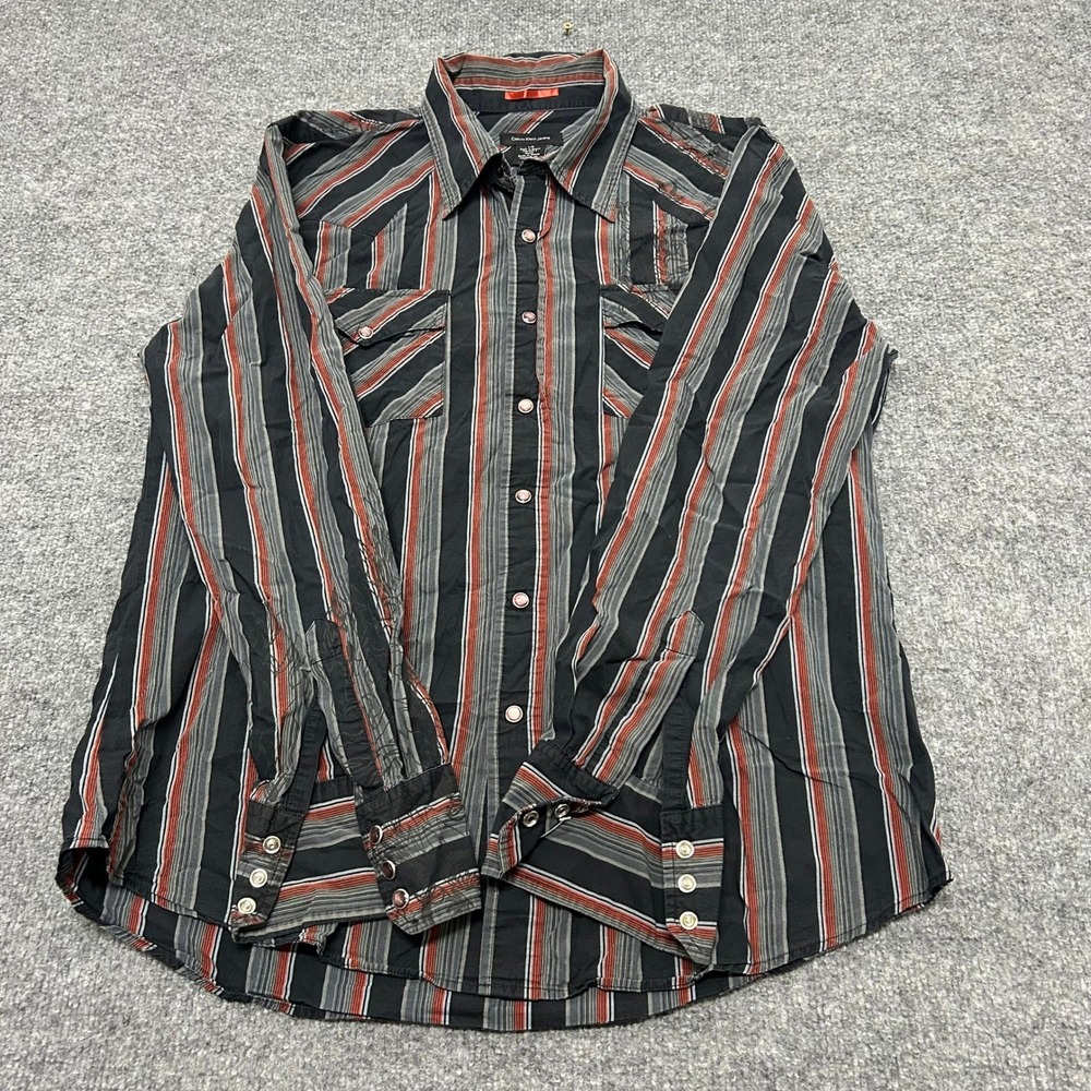 Calvin Klein Jeans Shirt Mens Size L Black Red Striped Western Pearl Snap Cotton